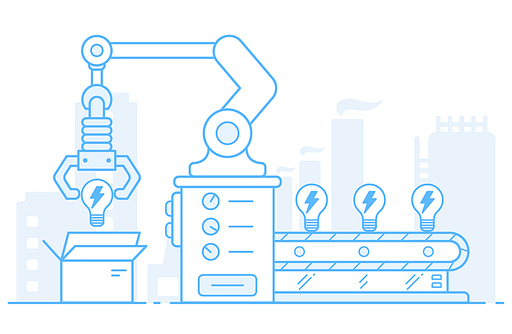 Factory conveyor belt illustration. Robotic arms packing light bulb. Automation, smart industrial robot assistants.