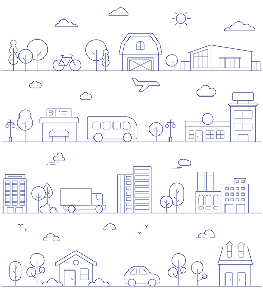 Thin line City landscape. Downtown landscape with high skyscrapers. architecture City landscape template. buildings and store, shop Isolated outline illustration.