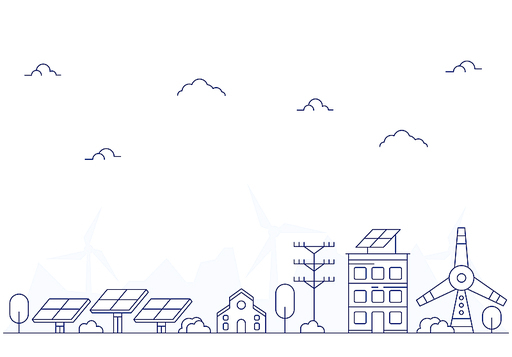 ECO FRIENDLY CITY LANDSCAPE FLAT OUTLINE GRAPHIC SKETCH. SKYSCRAPER REAL ESTATE BUILDING WITH SOLAR PANEL AND WIND TURBINE ALTERNATIVE POWER SOURCES GENERATOR SILHOUETTE VECTOR ILLUSTRATION.