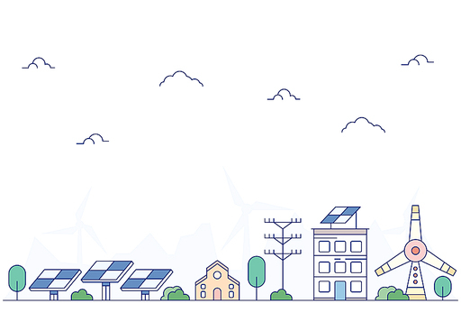 ECO FRIENDLY CITY LANDSCAPE FLAT OUTLINE GRAPHIC SKETCH. SKYSCRAPER REAL ESTATE BUILDING WITH SOLAR PANEL AND WIND TURBINE ALTERNATIVE POWER SOURCES GENERATOR SILHOUETTE VECTOR ILLUSTRATION.