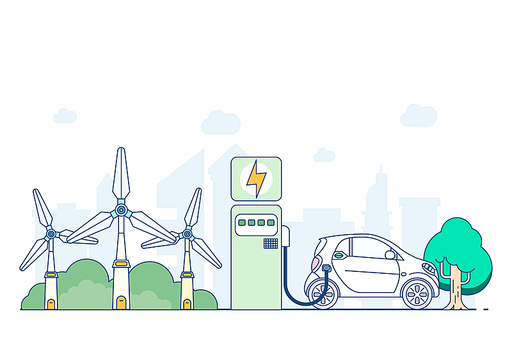 This is an illustration of electric cars and electric car charging. The illustration shows wind power, tree lights, and it is a color drawing. Eco Friendly City