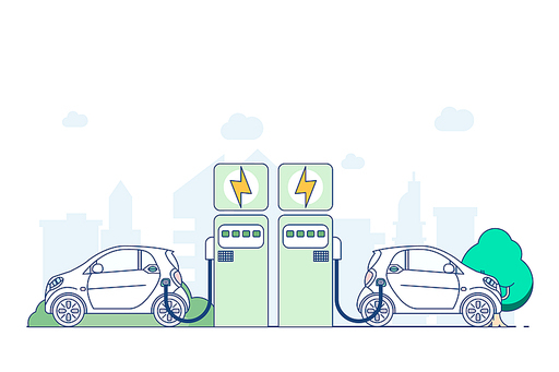 This is an illustration of electric cars and electric car charging. The illustration shows wind power, tree lights, and it is a color drawing. Eco Friendly City