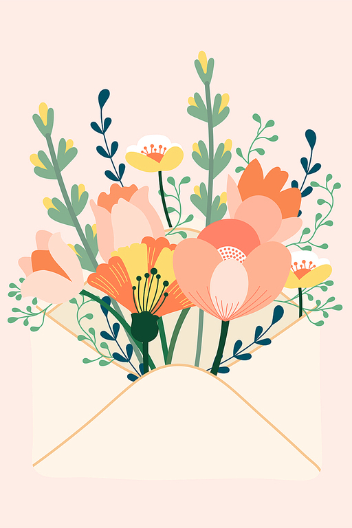 Hand-drawn blooming flower background. Seamless pattern for decoration, adorable, cute floral style. Birthday card template and greeting flower card.