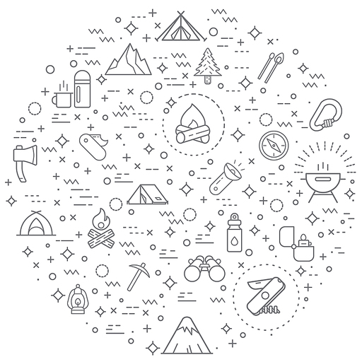 Simple Set of camping and outdoor Related Vector Line Illustration. Contains such Icons as mountain, tent, compass, fire, lamp, hiking and Other Elements.