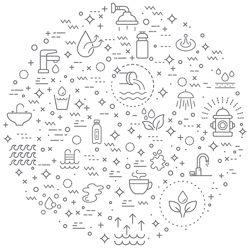 Simple Set of water and drinks Related Vector Line Illustration. Contains such Icons as glasses, bathroom, faucet, shower, cup, dew, waterway, steam, hydrant and Other Elements.