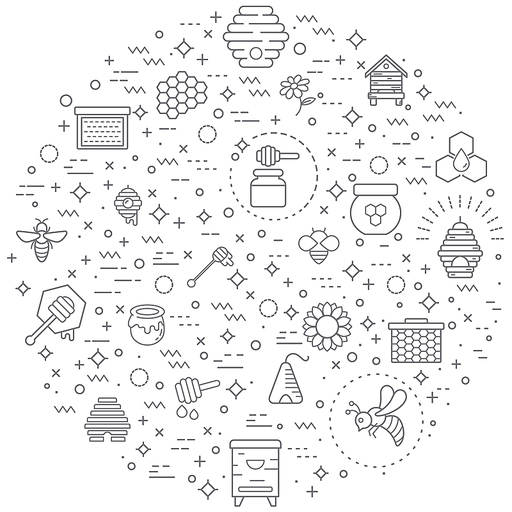 Simple Set of bee and honey Related Vector Line Illustration. Contains such Icons as organic, sweet, natural, honey bee, fresh, apiary, beehive, honey jar, spoons, honeycombs and Other Elements.