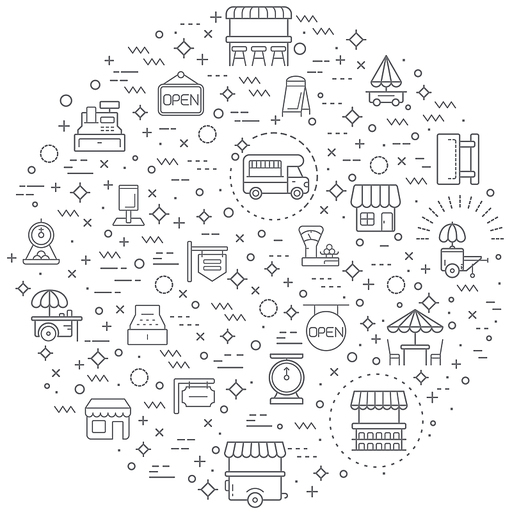 Simple Set of vendor and store Related Vector Line Illustration. Contains such Icons as shop, sign board, shopping, street food, vendor booth, food cart, market and Other Elements.