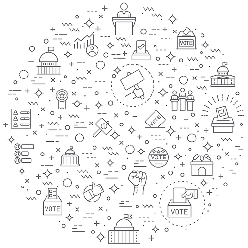 Simple Set of vote and politics Related Vector Line Illustration. Contains such Icons as democracy, government, tribune, president, protest, voting, polls and Other Elements.