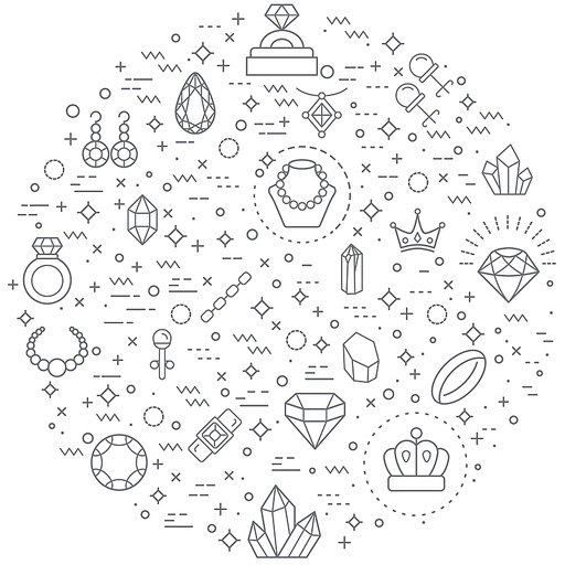 Simple Set of gem and jewelry Related Vector Line Illustration. Contains such Icons as gemstone, diamond, crystal, pear, ring, crown, Earring, Brooch and Other Elements.