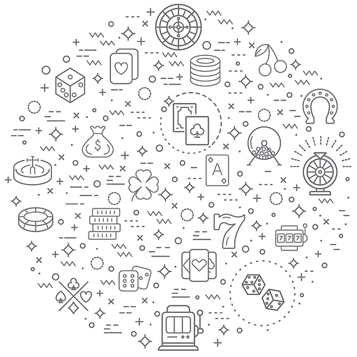 Simple Set of Casino and Gambling Related Vector Line Illustration. Contains such Icons as cherry, cards, chips, dice, slot machine, seven, coin, heart, money, horseshoe and Other Elements.