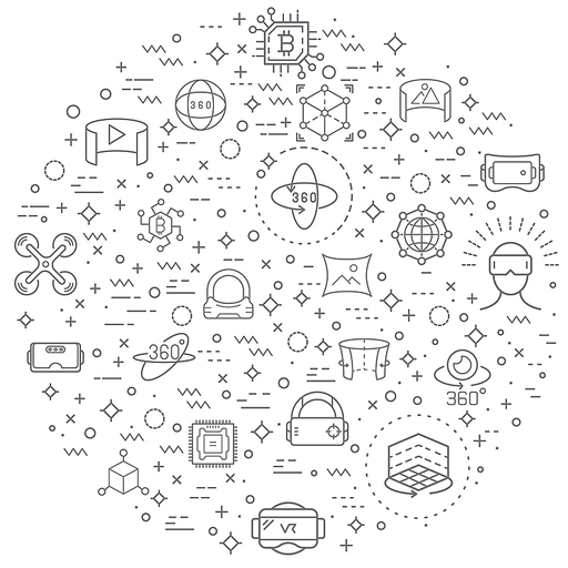 Simple Set of Virtual Reality and tech Related Vector Line Illustration. Contains such Icons as futuristic, display, smart tech, technology, device, 360 degrees, VR, future and Other Elements.