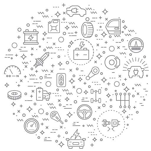 Simple Set of Car parts and car service Related Vector Line Illustration. Contains such Icons as speed meter, electric car, EV charging, station, energy, battery, oil and Other Elements.