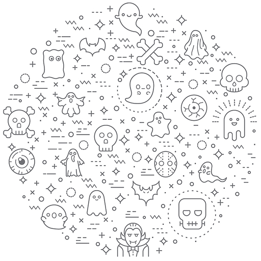 Simple Set of Ghost and Halloween Related Vector Line Illustration. Contains such Icons as Skeleton, Eyeball, spook, alien, boo, spirit, phantom, spook and Other Elements.