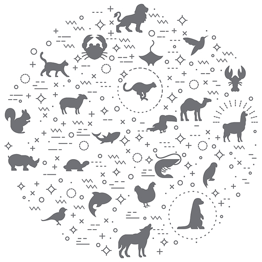 Simple Set of animal and Pet Related Vector Line Illustration. Contains such Icons as cat, wolf, fish, sea creatures, tuna, seafood, bird, lion and Other Elements.