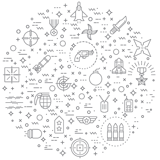 Simple Set of weapon and Military Related Vector Line Illustration. Contains such Icons as combat, gun, revolver, bullet, bomb, toxic, aim, knife, missile and Other Elements.