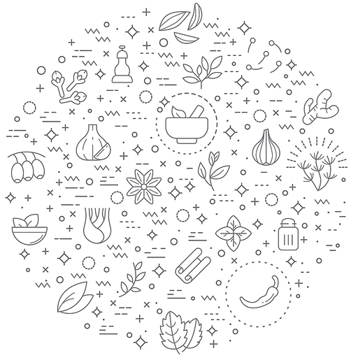 Simple Set of herbs and spices Related Vector Line Illustration. Contains such Icons as basil, parsley, rosemary, bay leaf, chili, onion, dill, cloves, garlic and Other Elements.