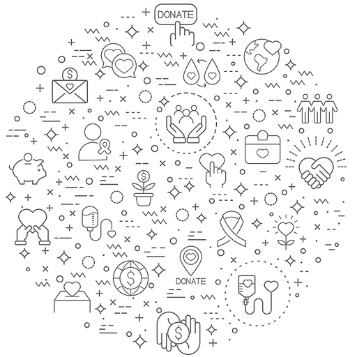 Simple Set of donation and Charity Related Vector Line Illustration. Contains such Icons as blood, heart, save world, love, cross, ribbon, care, volunteer, fund, donor and Other Elements.