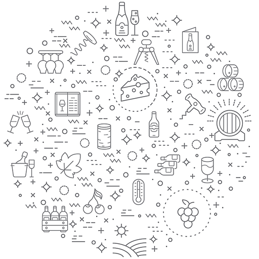 Simple Set of wine Related Vector Line Icons. Contains such Icons as drink, glass, alcohol, bottle, grape, leaf, barrel, vineyard linear symbols and more.