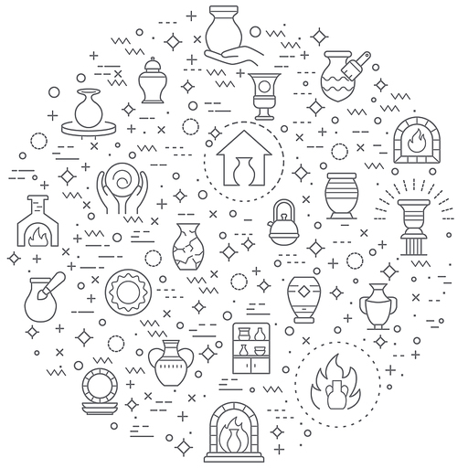 Simple Set of Pottery Related Vector Line Illustration. Contains such Icons as Bowl, Plate, fireplace, ceramics, vase, clay, mug and Other Elements.