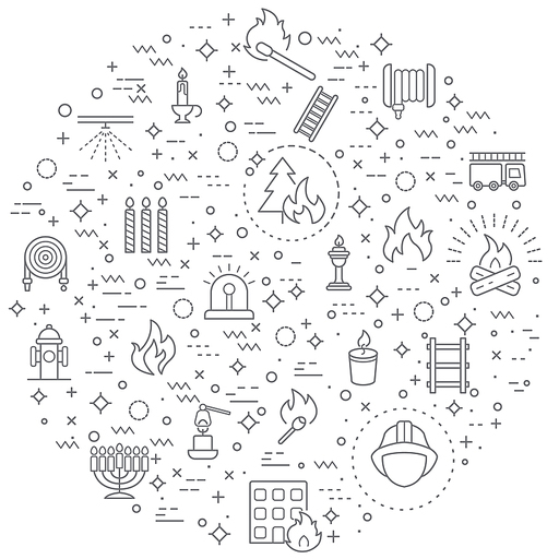 Simple Set of fire Related Vector Line Icons. Contains such Icons as candle, disaster, fireplace, firefighter, hydrant, safety, light symbols and more.