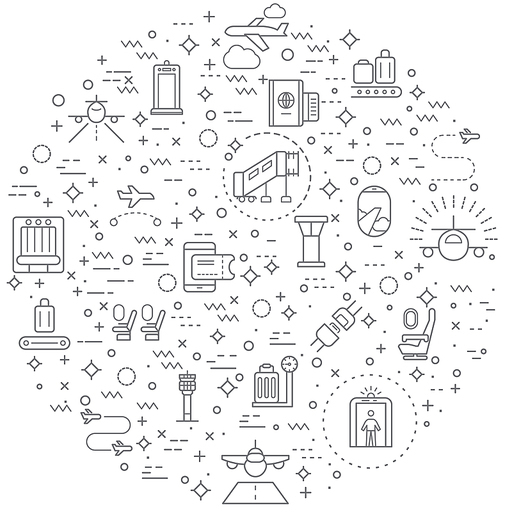 Simple Set of airport Related Vector Line Icons. Contains such Icons as flight, runway, tower, landing, travel, baggage, arrival, tourism and more.