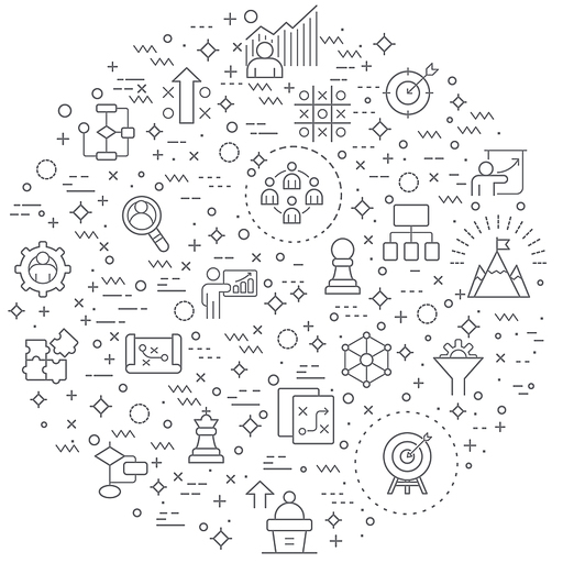 Simple Set of strategy Related Vector Line Icons. Contains such Icons as goals, success, logic, graphs, reports, business, growth, targets and more.