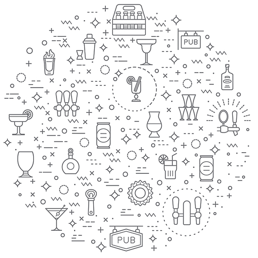 Simple Set of bar Related Vector Line Icons. Vector collection of alcohol, pub, drink, cocktail, bar glass, bottle, beer, beverage, liquor and design elements symbols or logo elements in thin outline.