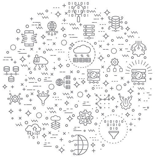 Simple Set of big data Related Vector Line Icons. Vector collection of database, network, processing, analytics, search, mining, filter, flow, cloud and design elements symbols or logo ELEMENTS