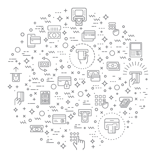 SIMPLE SET OF ATM RELATED VECTOR LINE ICONS. VECTOR COLLECTION OF MONEY, CREDIT CARD, BANKING, LOAN, FINANCE, CREDIT, DEPOSIT, INCOME, PAYMENT AND DESIGN ELEMENTS SYMBOLS OR LOGO ELEMENT.