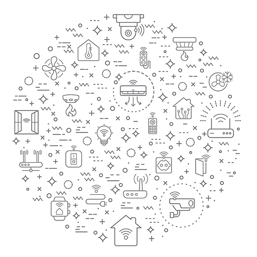 Simple Set of smart home Related Vector Line Icons. Vector collection of house, hub, door lock, sensor, control, smart watch, lighting, devices, washing machine and design elements symbols