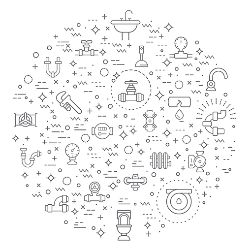 Simple Set of plumbing Related Vector Line Icons. Vector collection of traps, drains, taps, hand tools, vise, pipe, connector, valve and design elements symbols or logo element.