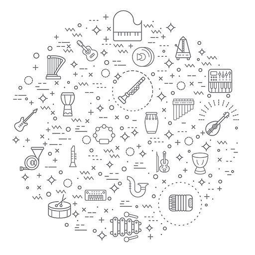 Simple Set of music instrument Related Vector Line Icons. Vector collection of sound, piano, guitar, accordion, oboe, saxophone, drum, marimba, xylophone and design elements symbols
