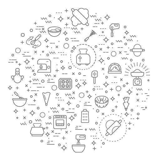 Simple Set of baking tool Related Vector Line Icons. Vector collection of kitchen utensils, equipment, apron, kitchenware, bakery, scales, dough, rolling pin, oven and design elements