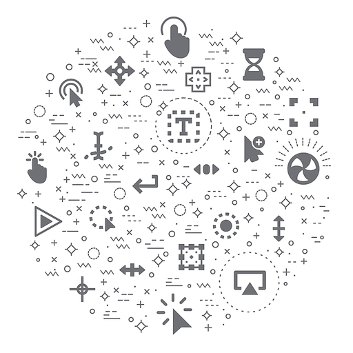 Set of cursors and selection line style. It contains such as pointer, click, mouse, arrows, icon, clock, interface, wireframe, computer and other elements.