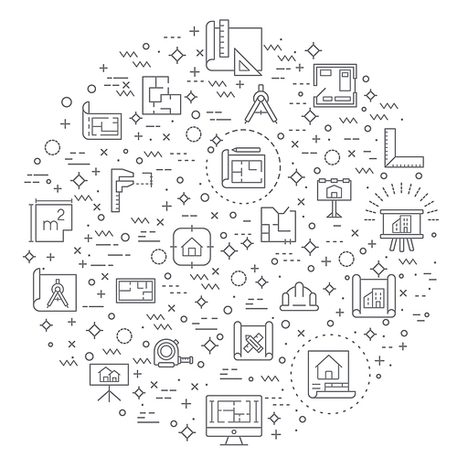 Vector illustration of a architecture and construction elements. Contains such as interior, real estate, building, house, plans, design, build, tool and more. Flat illustration style line drawing