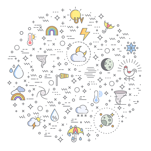 Simple Set of weather and weather cast Related Vector Line Illustration. Contains such Icons as sunny, partly sunny, raining, snowing, cloudy, rainbow, weather forecast, rain and more.