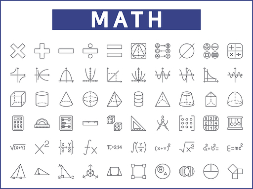 Set of mathematics and math Icons line style. Contains such Icons as accounting, abacus, graph, algebra, elementary, analysis, probability, calculator And Other Elements.