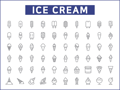 Set of Ice cream and popsicle Icons line style. Contains such Icons as dessert, cone, waffle, vanilla, yammy, soft, stick, scoop And Other Elements.