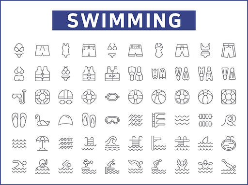 Set of swimming and pool Icons line style. Contains such Icons as diving, summer, beach activity, swimsuit, bikini, trunks, swimming cap, glasses, flippers, swim And Other Elements.