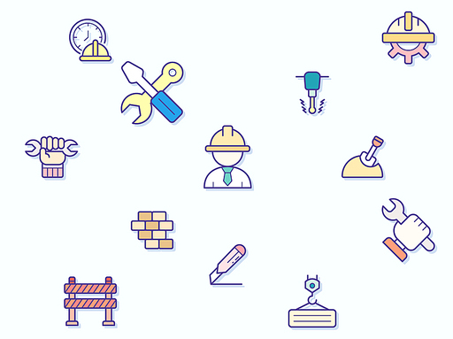 Vector illustration of a cute Labor Day and industry. Collection of engineer, architect, service, job, worker, factory, builder, labour, employee, helmet and other elements. Isolated on blue.