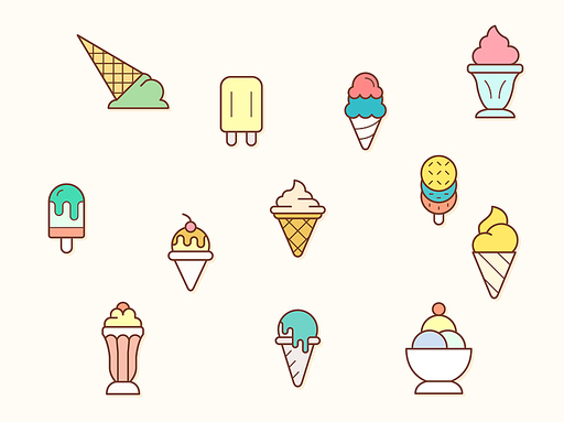 Vector illustration of a cute Ice cream and popsicle. Collection of dessert, cone, waffle, vanilla, yammy, soft, stick, scoop and other elements. Isolated on beige.