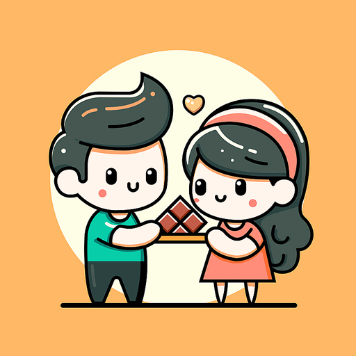 발렌타인 데이에 초콜릿을 나눠먹는 커플 / Cute valentine's day couple, vector style, emoji style