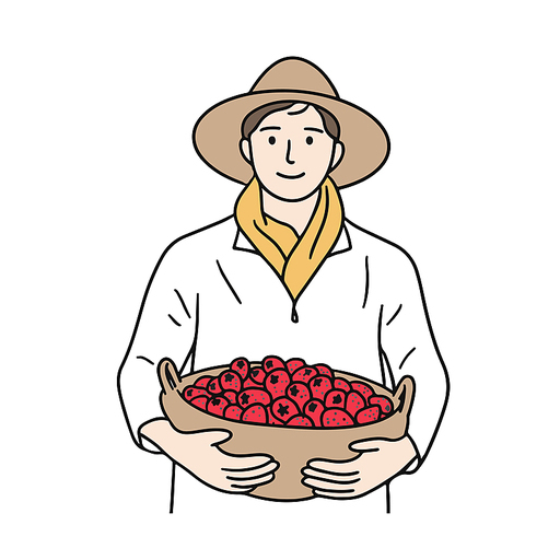 딸기 바구니를 들고 있는  청년 농부
