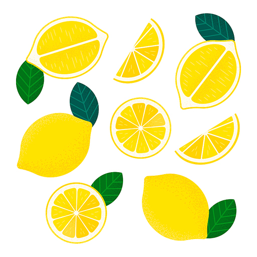 노란색 레몬과 레몬조각 일러스트