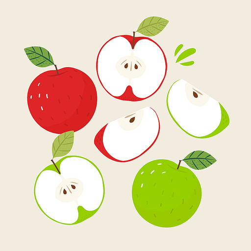 과일 붉은색사과, 녹색사과와 사과조각 일러스트