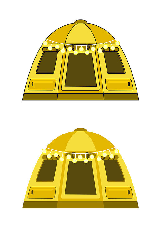 동그란 알전구가 둘러진 노란색 텐트