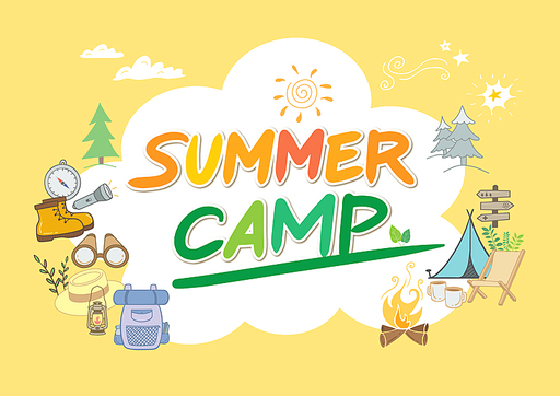 summer camp 캘리그래피와 캠핑 소품으로 디자인.