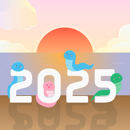 2025 새해 일출과 뱀 캐릭터들