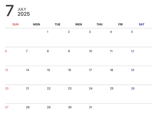 2025년 7월 달력