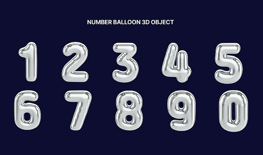 number balloon 3d object silver